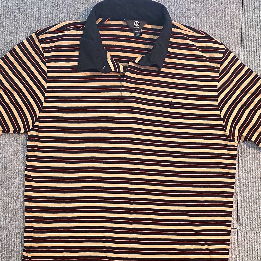 VTG Y2K Sz M Short Sleeve Striped Skater Polo Shirt Black Beige Orange Cotton